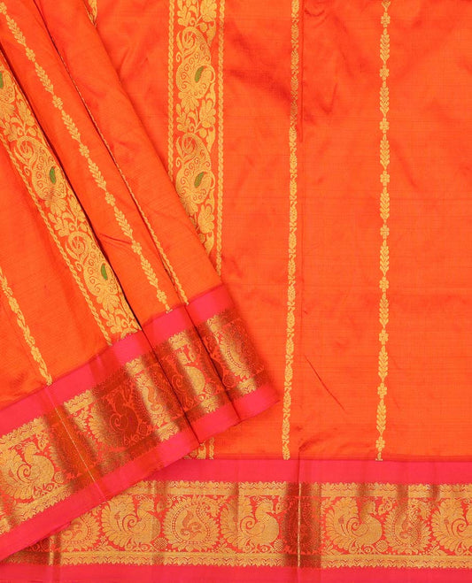 Orange zari designs pure-silk half saree, contrast zari design blouse, mayil design zari border & jaal dhavani