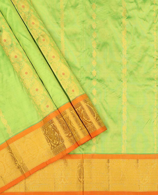Green zari designs pure-silk half saree, contrast zari design blouse, traditional zari design border & jaal dhavani