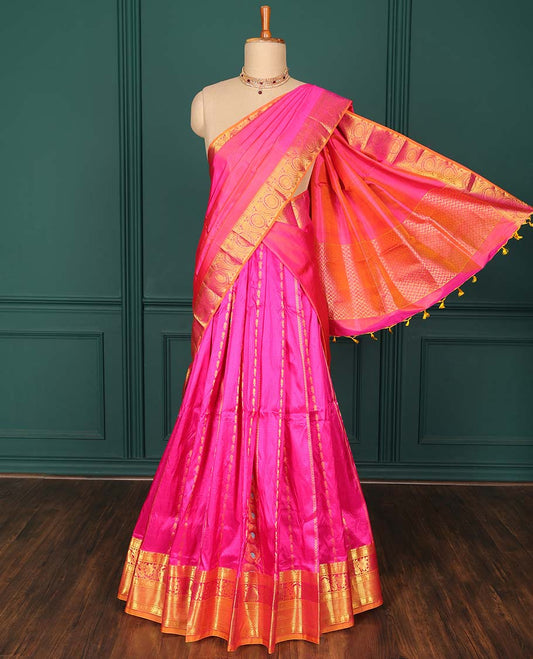 Pink zari designs pure-silk half saree, contrast zari design blouse, traditional zari design border & intricate dhavani