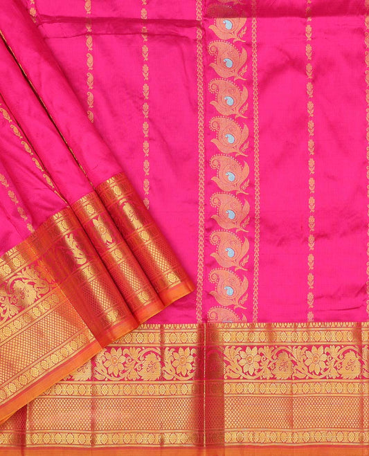 Pink zari designs pure-silk half saree, contrast zari design blouse, traditional zari design border & intricate dhavani