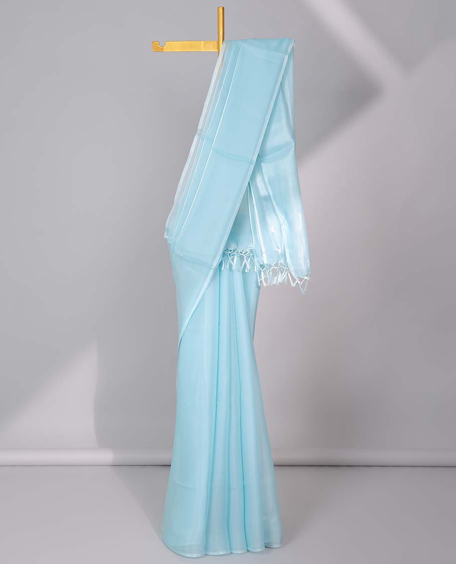 Borderless pale blue plain design kamala silk saree