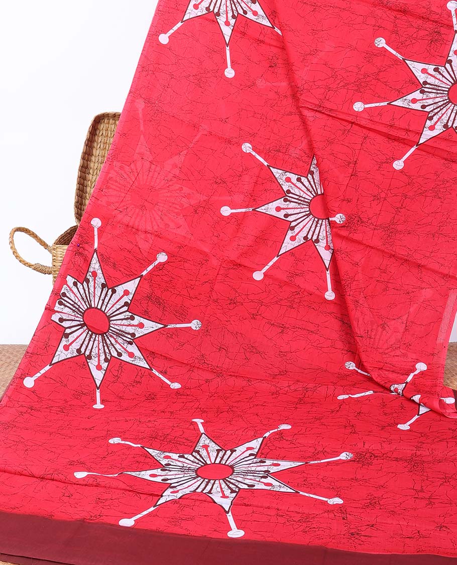 Borderless red batik floral motifs printed mul-mul cotton saree