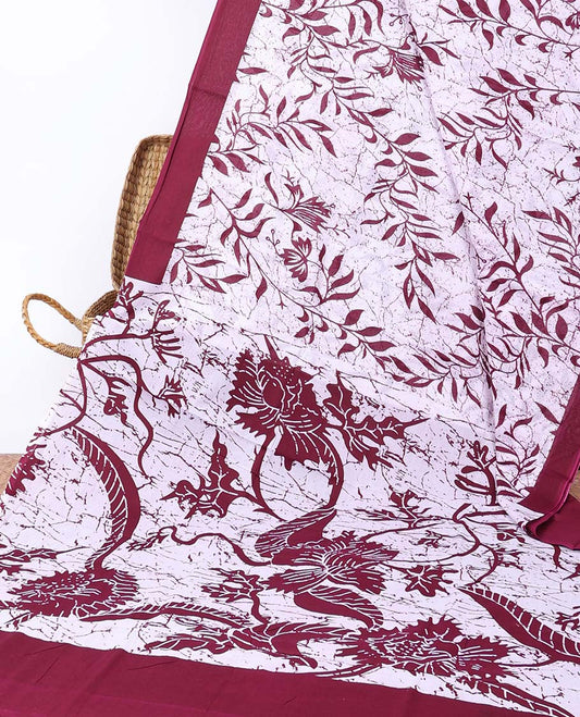 White floral vine & batik printed mul-mul cotton saree, contrast border & intricately printed pallu
