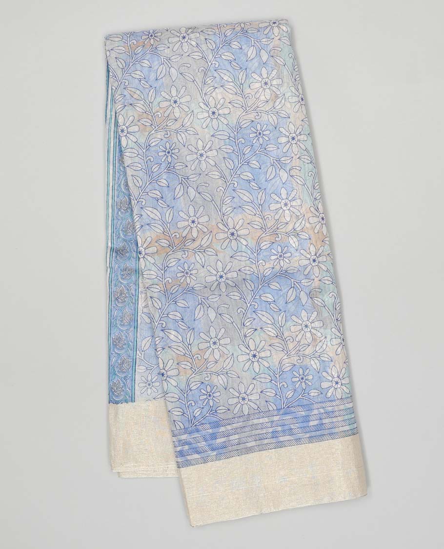 Blue floral vine printed chanderi cotton saree, contrast plain border