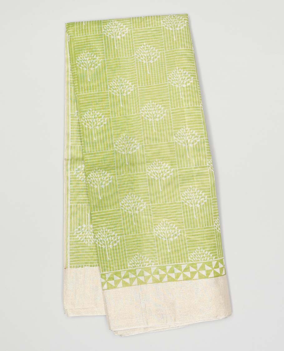 Green geometric printed chanderi cotton saree, contrast plain border
