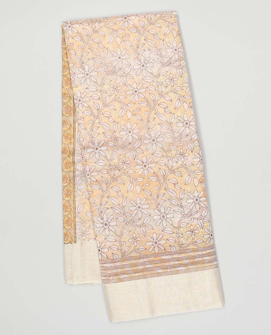 Light sandal floral vine printed chanderi cotton saree, contrast plain border