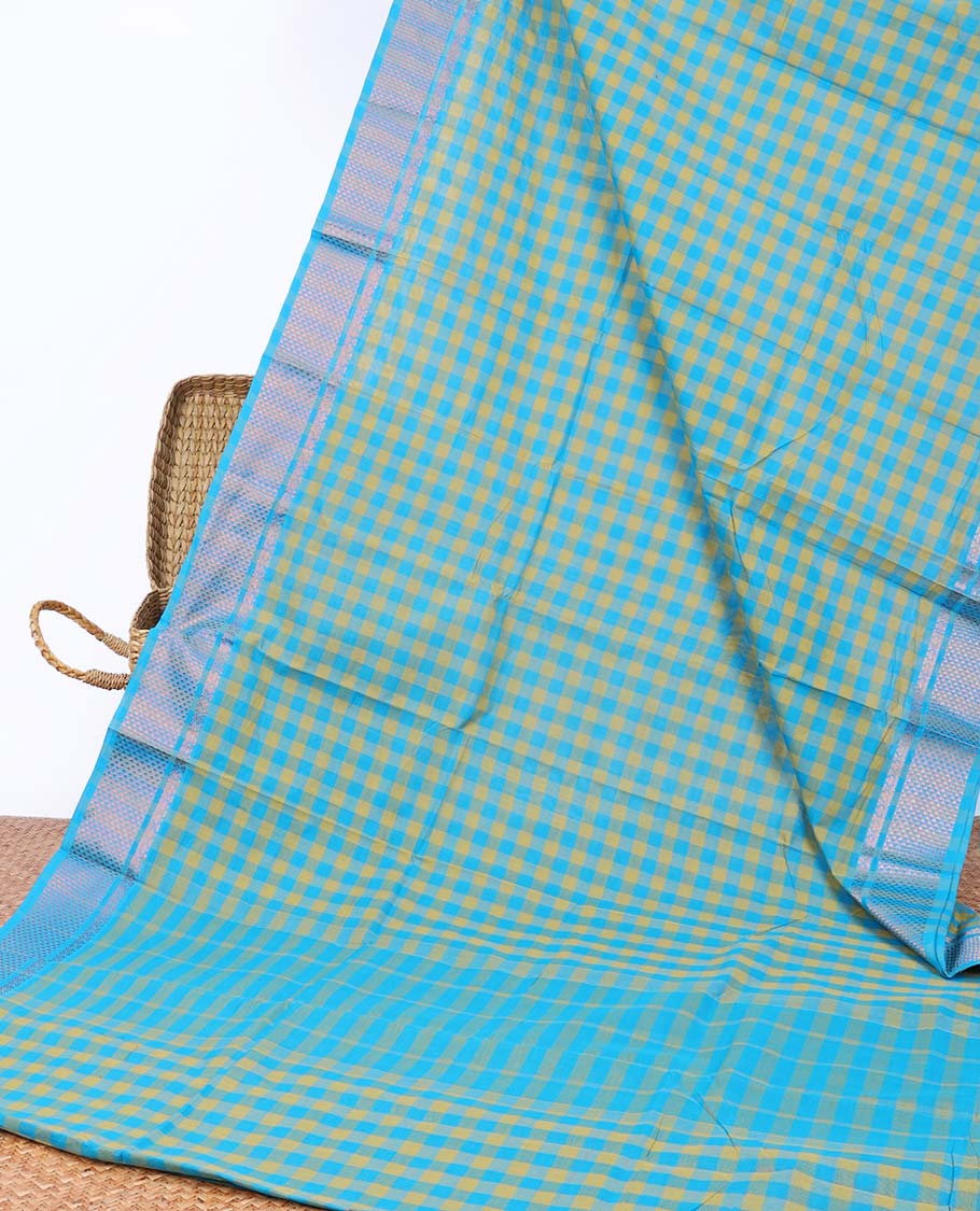 Blue checked design chettinad cotton saree, traditional zari border & striped pallu