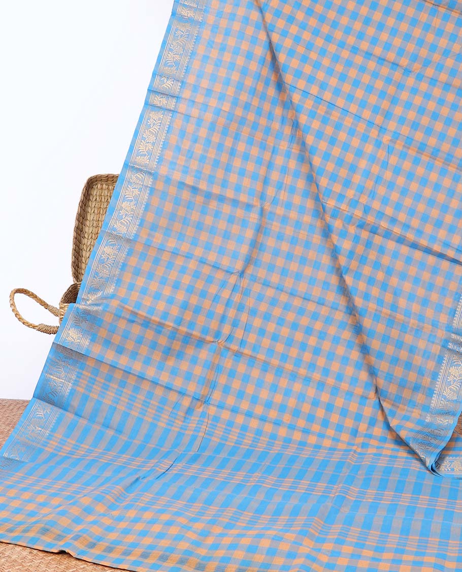Multi-color checked design chettinad cotton saree, traditional zari border & striped pallu