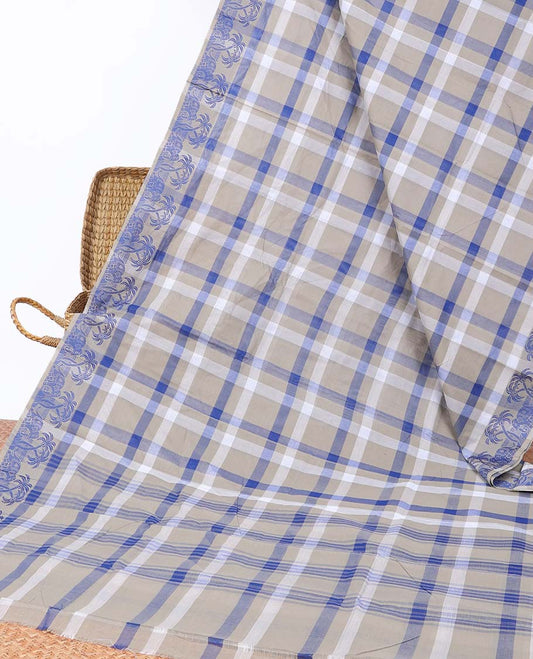 Grey checked design chettinad cotton saree, elephant motif border & striped pallu