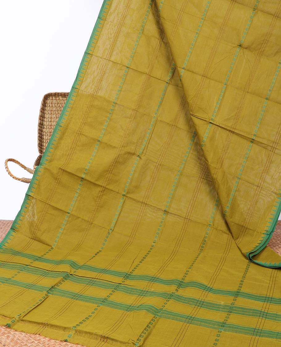 Green striped chettinad cotton saree, temple border & striped pallu