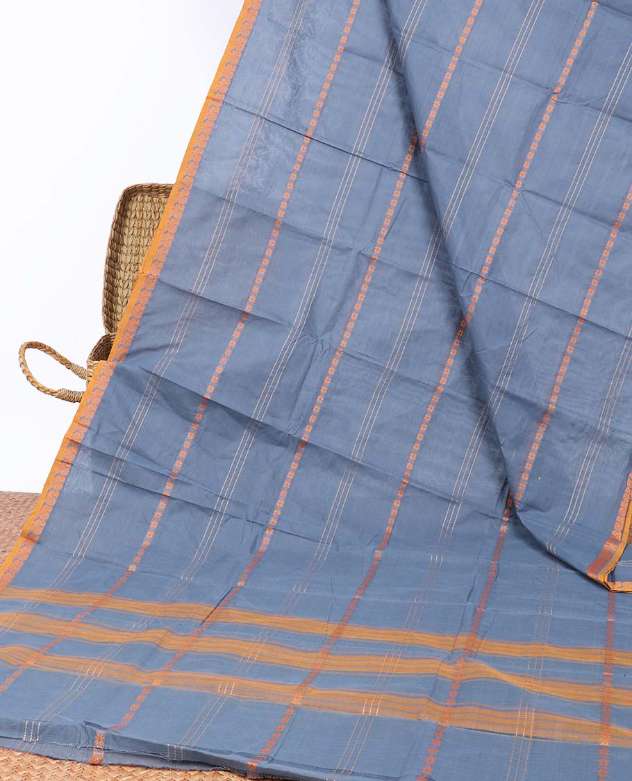 Grey striped chettinad cotton saree, peacock border & striped pallu