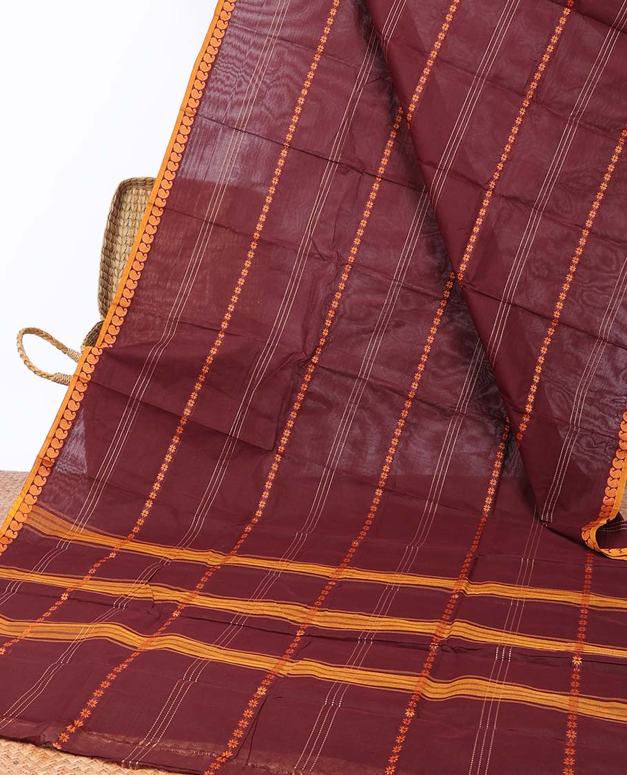 Maroon striped chettinad cotton saree, paisley border & striped pallu