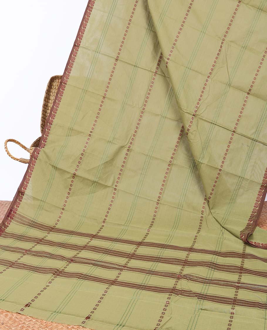 Green striped chettinad cotton saree, peacock border & striped pallu