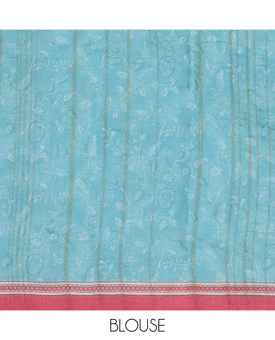 Brown floral printed semi-banaras tussar saree, contrast border & floral printed pallu