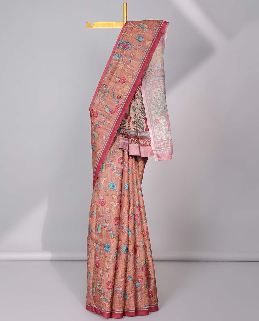 Brown floral printed semi-banaras tussar saree, contrast border & floral printed pallu