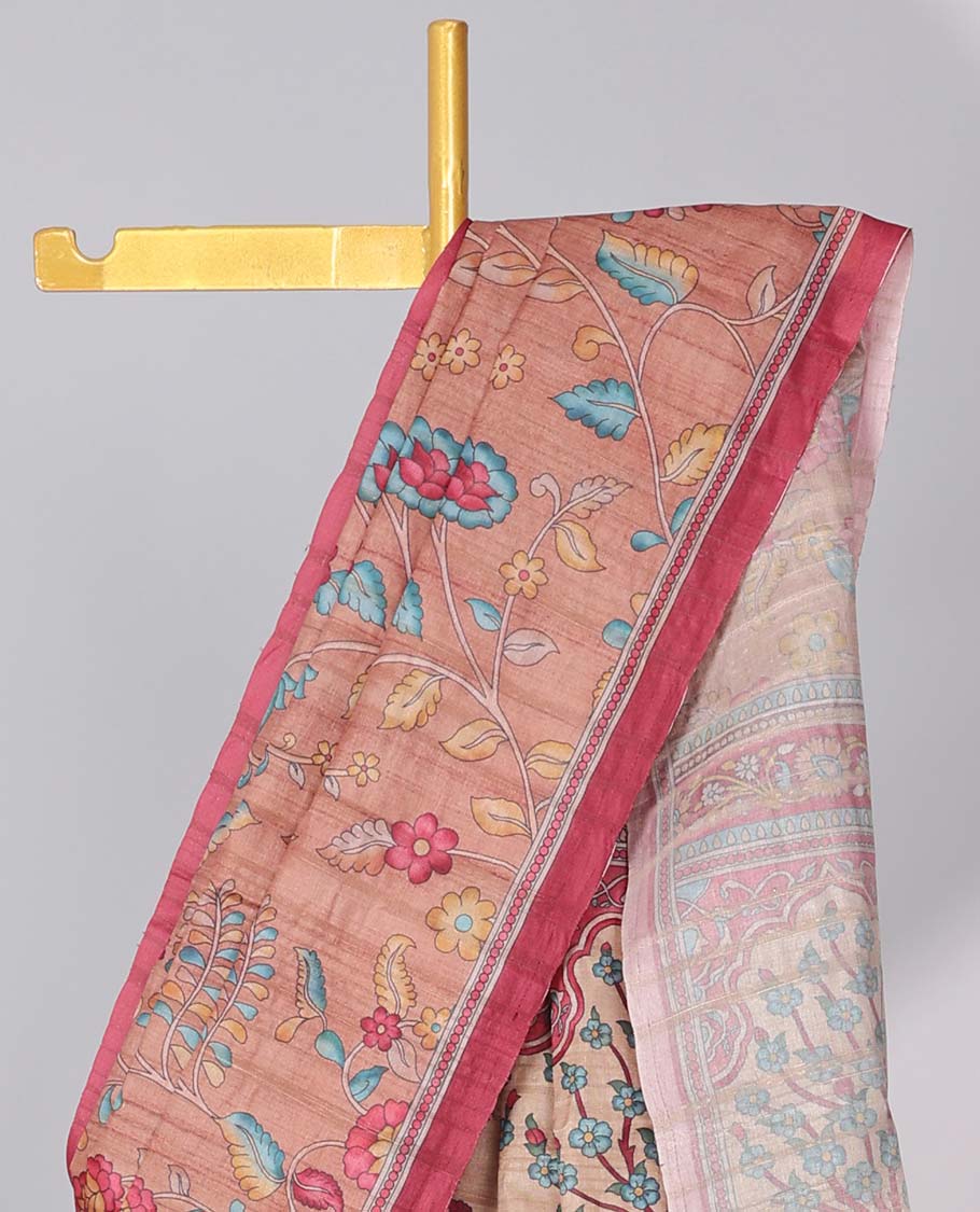 Brown floral printed semi-banaras tussar saree, contrast border & floral printed pallu