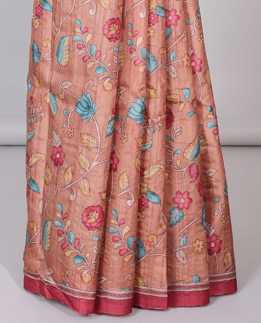 Brown floral printed semi-banaras tussar saree, contrast border & floral printed pallu