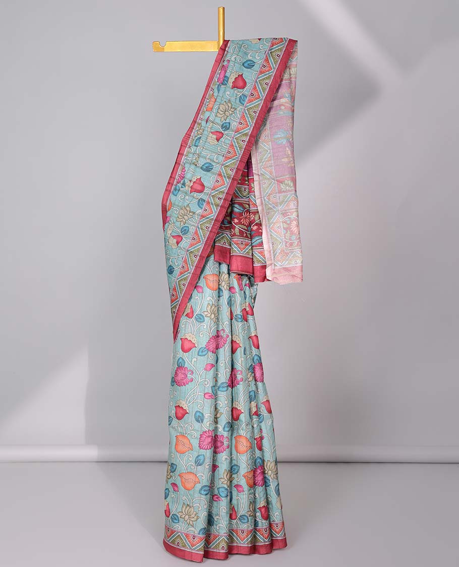 Blue colorful floral printed semi-banaras tussar saree, contrast border & intricately printed pallu