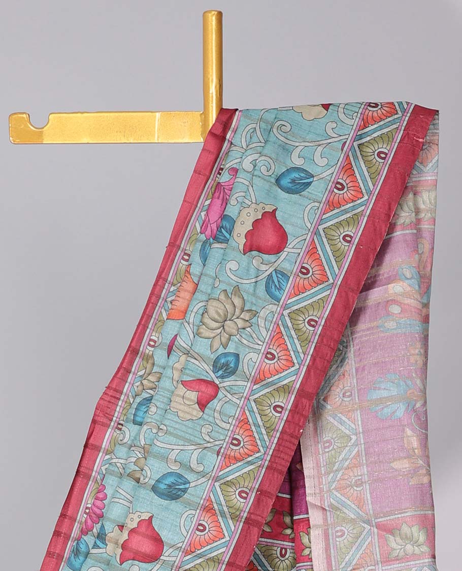 Blue colorful floral printed semi-banaras tussar saree, contrast border & intricately printed pallu