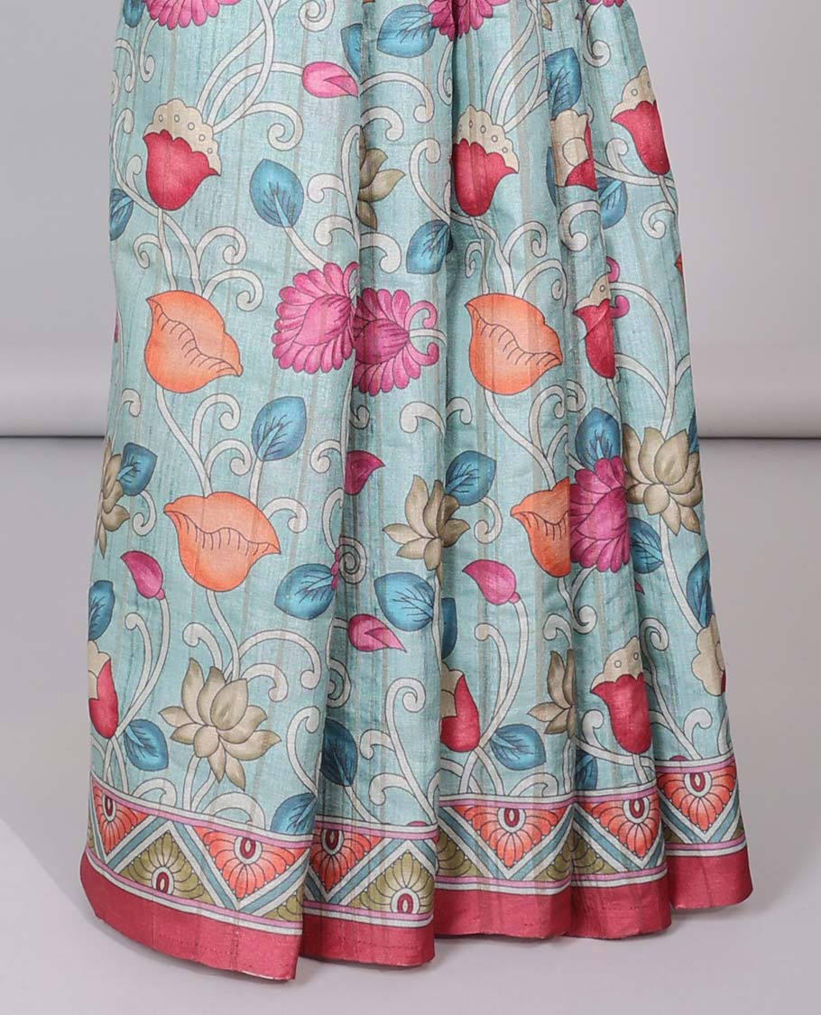 Blue colorful floral printed semi-banaras tussar saree, contrast border & intricately printed pallu
