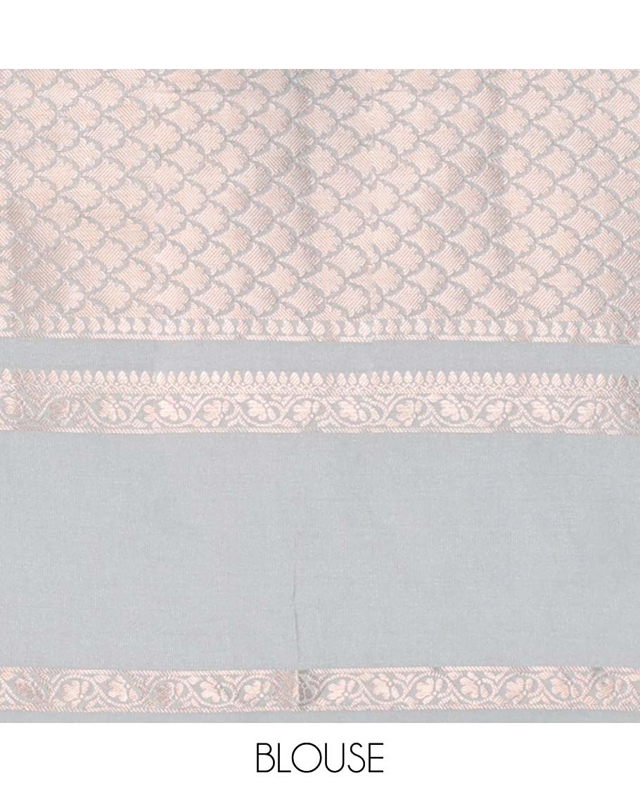 Grey semi-banaras tussar saree with zari designs, traditional zari border & jaal pallu