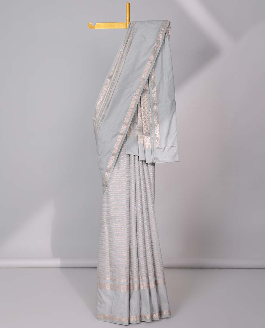 Grey semi-banaras tussar saree with zari designs, traditional zari border & jaal pallu