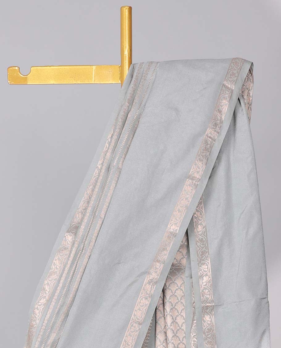 Grey semi-banaras tussar saree with zari designs, traditional zari border & jaal pallu
