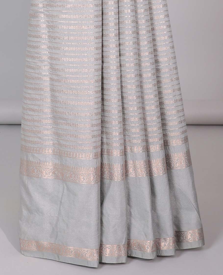 Grey semi-banaras tussar saree with zari designs, traditional zari border & jaal pallu