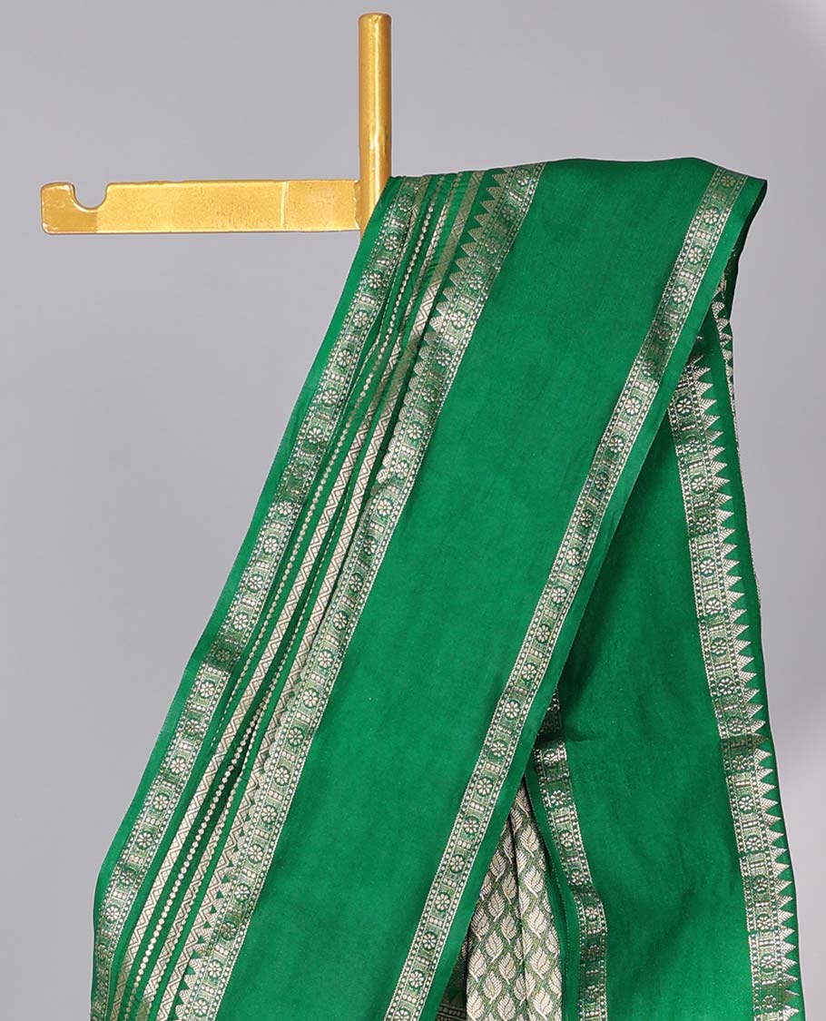 Grey semi-banaras tussar saree with zari designs, traditional zari border & jaal pallu