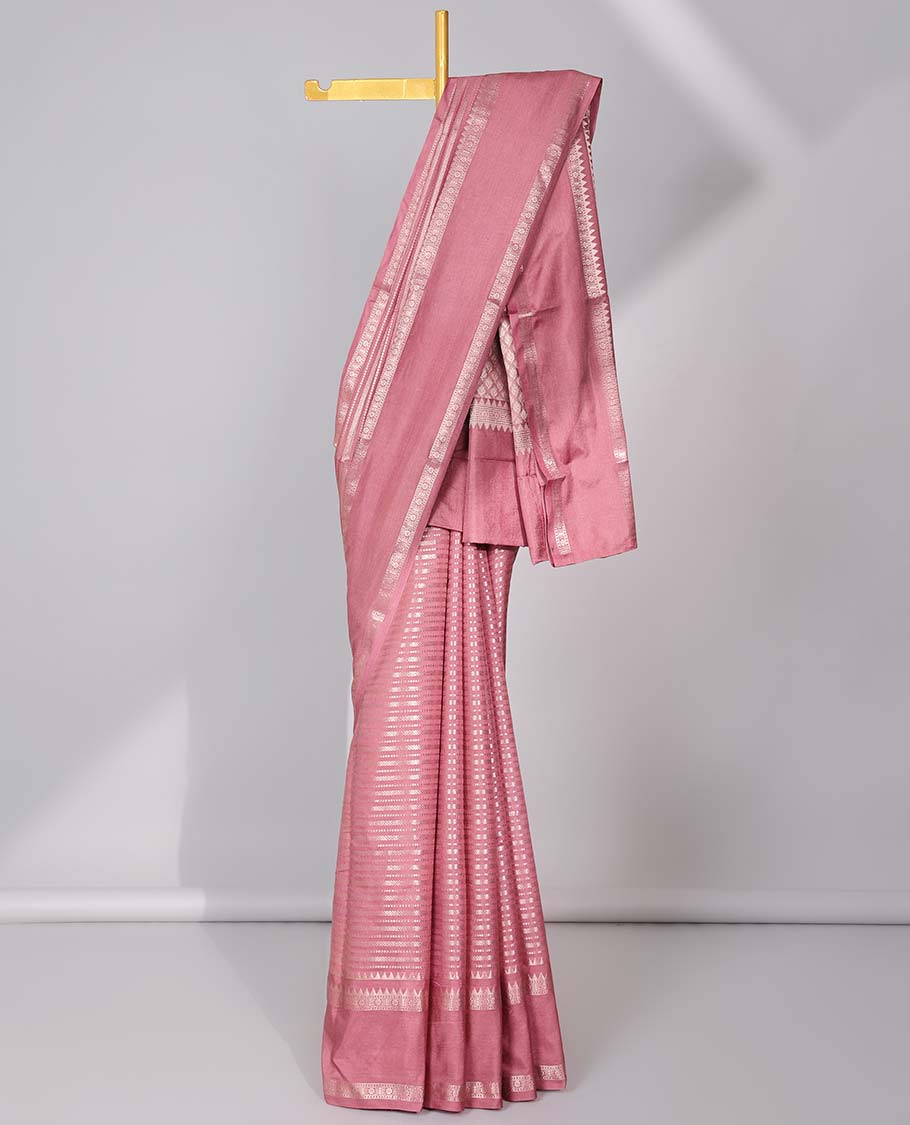 Grey semi-banaras tussar saree with zari designs, traditional zari border & jaal pallu