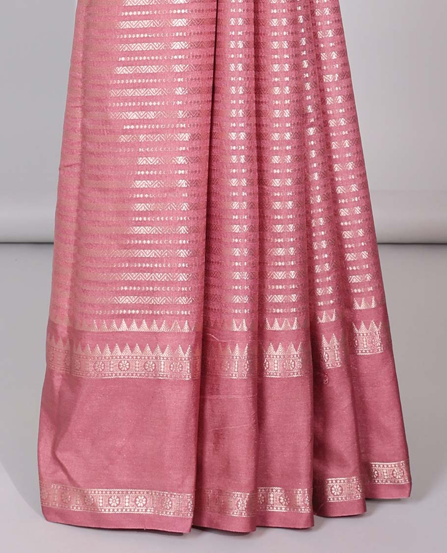 Grey semi-banaras tussar saree with zari designs, traditional zari border & jaal pallu
