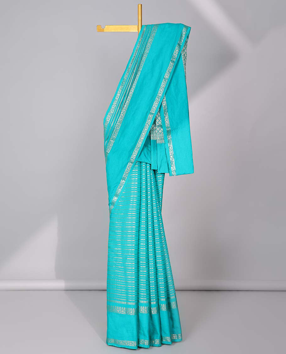 Grey semi-banaras tussar saree with zari designs, traditional zari border & jaal pallu