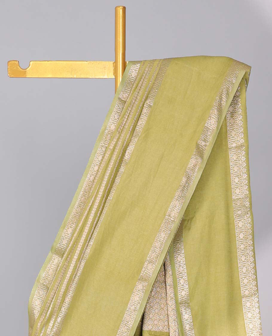 Grey semi-banaras tussar saree with zari designs, traditional zari border & jaal pallu