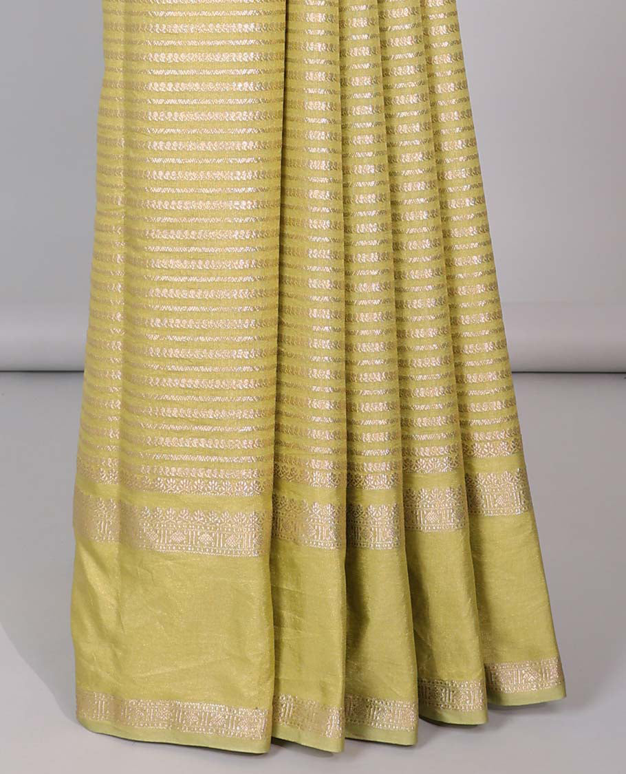 Grey semi-banaras tussar saree with zari designs, traditional zari border & jaal pallu