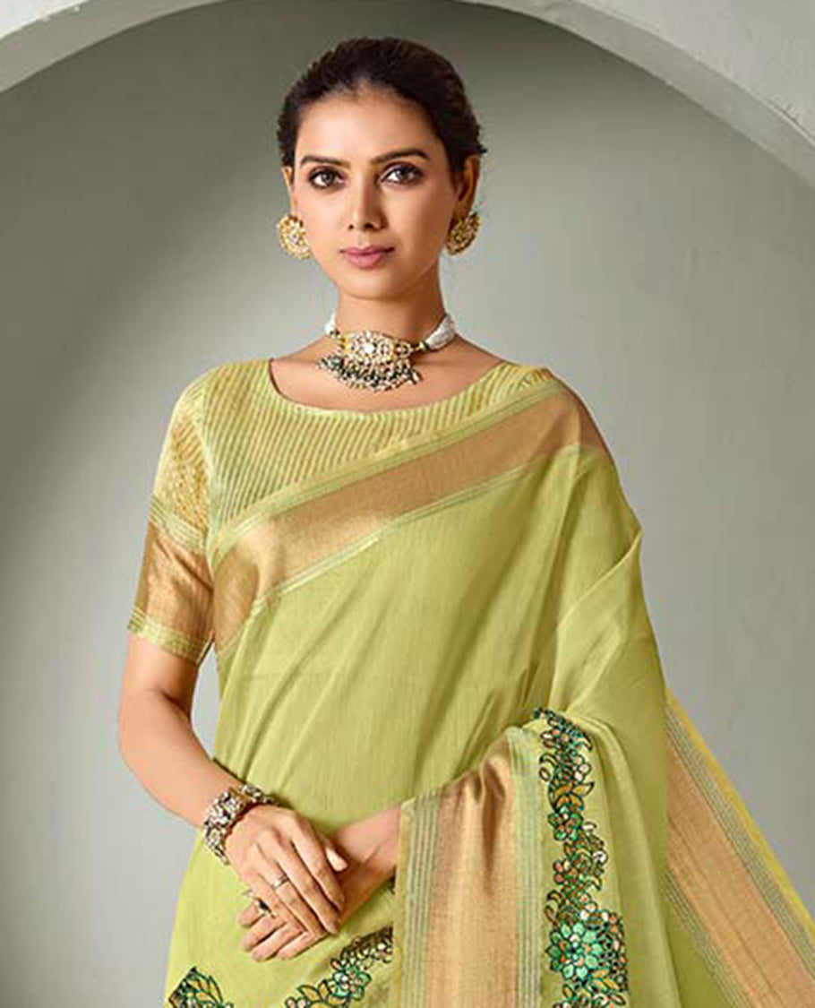 Green floral cut-work embroidered designer catalog saree, plain border & zari design pallu