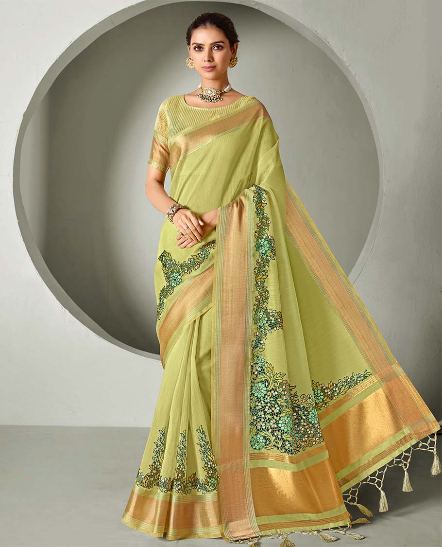 Green floral cut-work embroidered designer catalog saree, plain border & zari design pallu