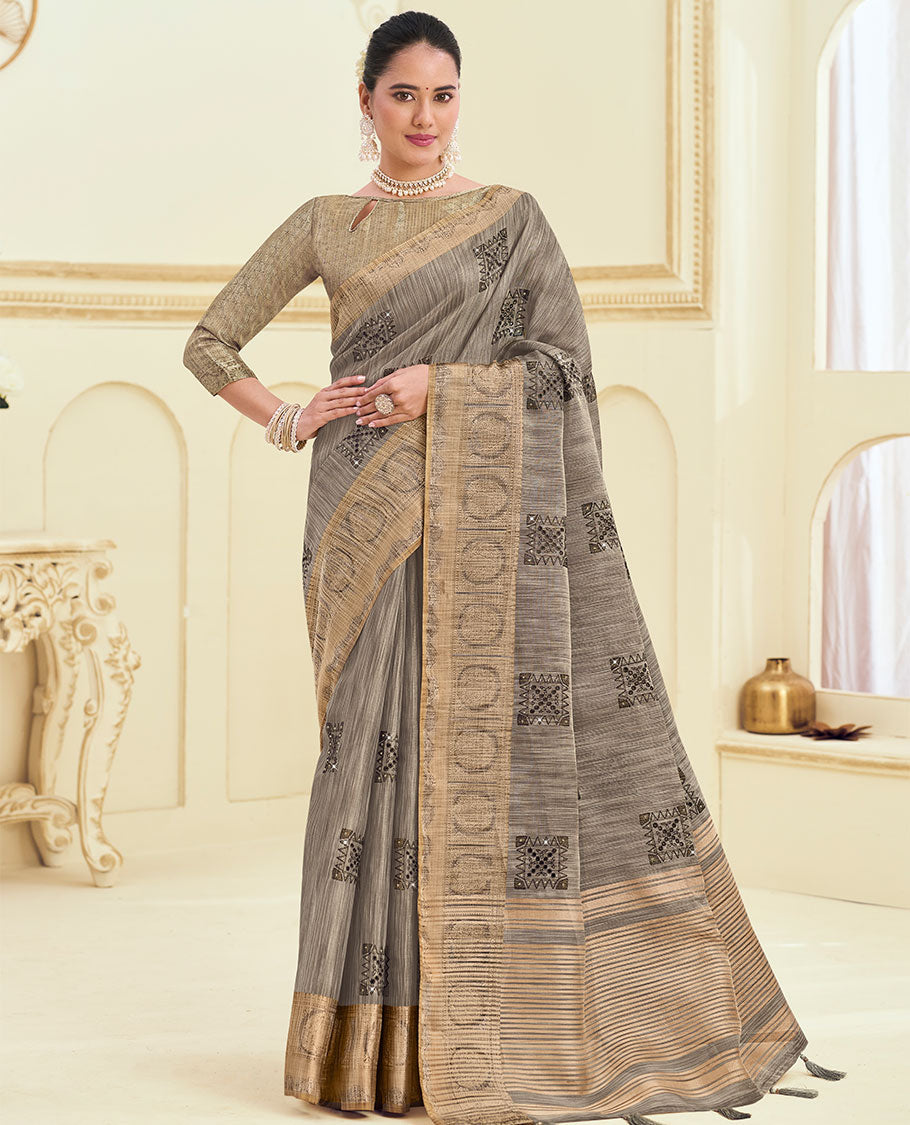 Grey embroidered designer catalog saree, intricately designed border & striped pallu