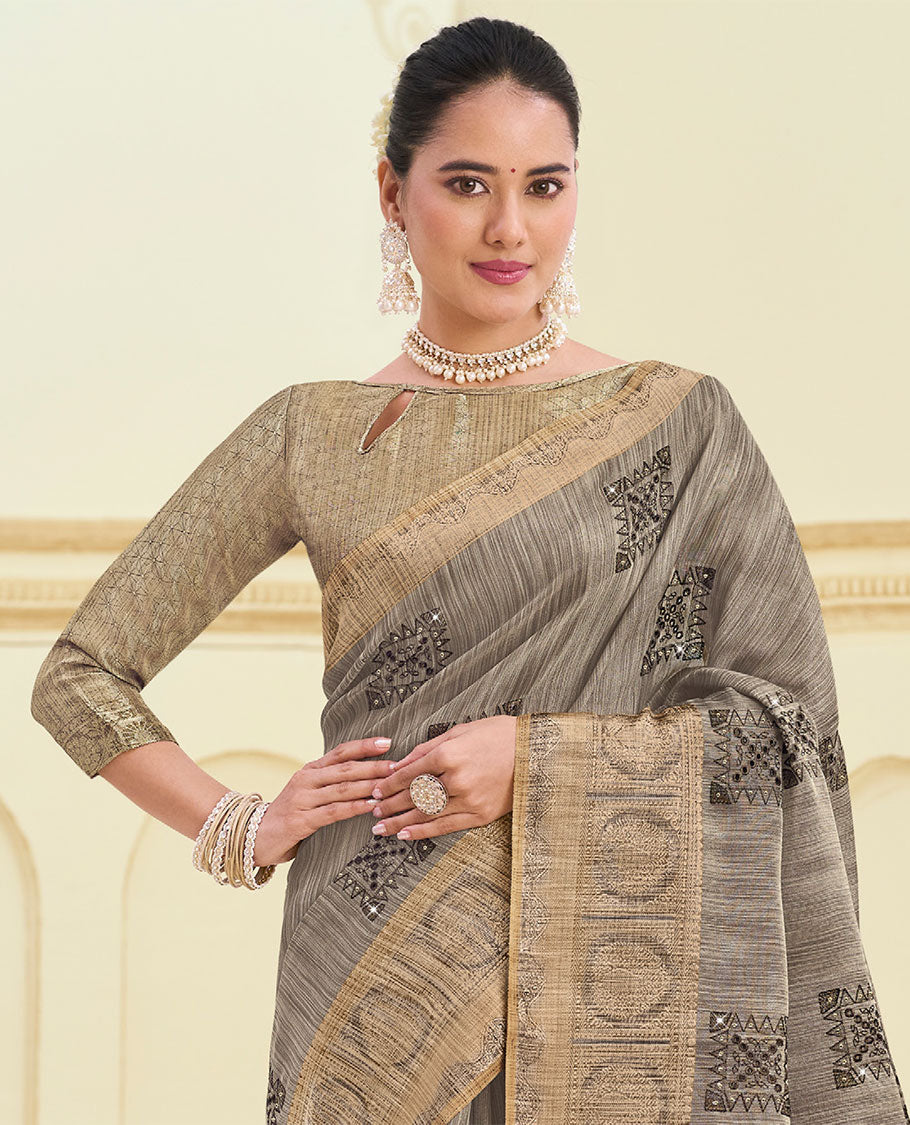 Grey embroidered designer catalog saree, intricately designed border & striped pallu