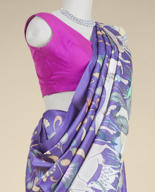 Borderless multi-color floral & pichwai cow realistically digital printed tusser silk saree