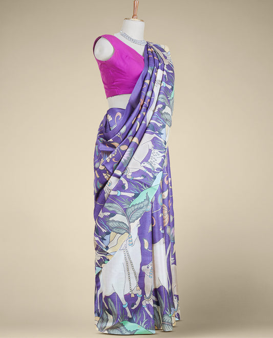 Borderless multi-color floral & pichwai cow realistically digital printed tusser silk saree