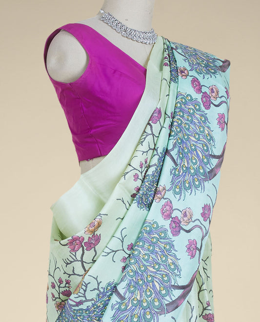 Borderless multi-color floral vine & peacocks realistically digitally printed tusser silk saree