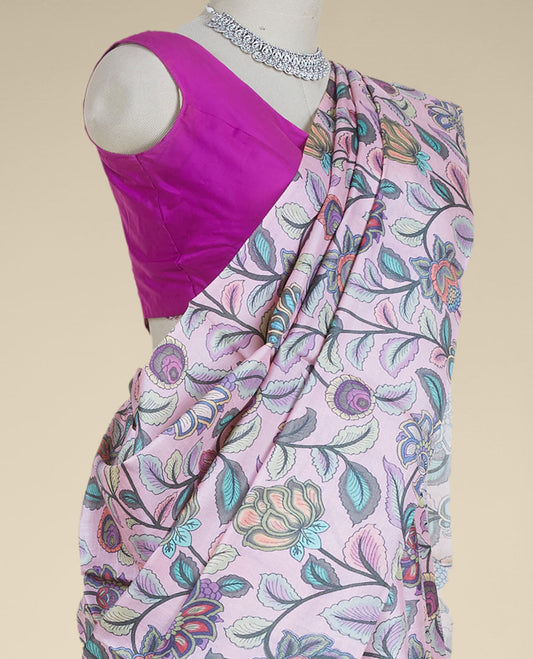 Borderless pink floral vine digitally printed tusser silk saree