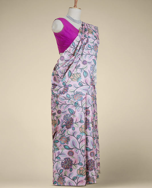 Borderless pink floral vine digitally printed tusser silk saree