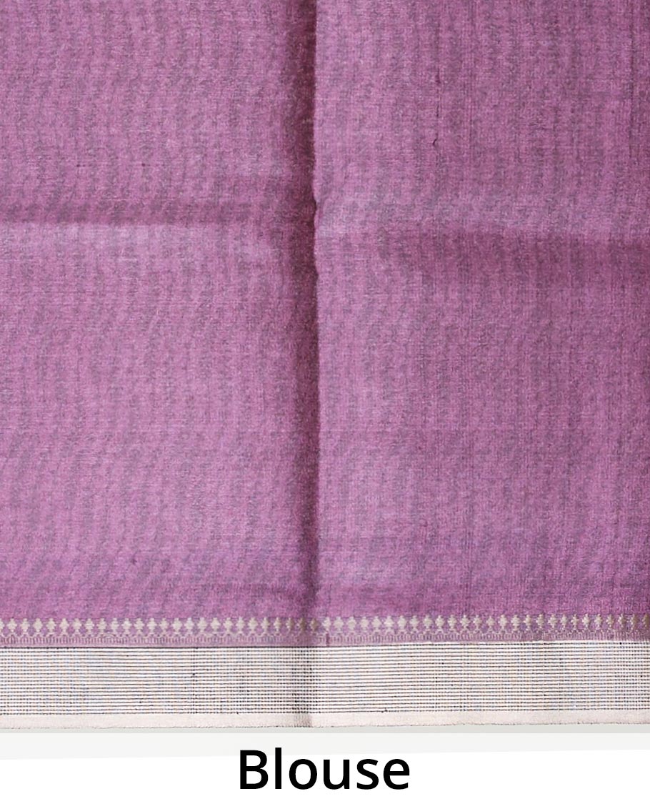 Purple digital printed tusser silk saree steeped with pichwai cow motifs, contrast border