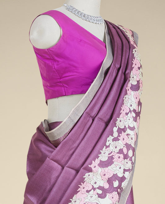 Purple digital printed tusser silk saree steeped with pichwai cow motifs, contrast border