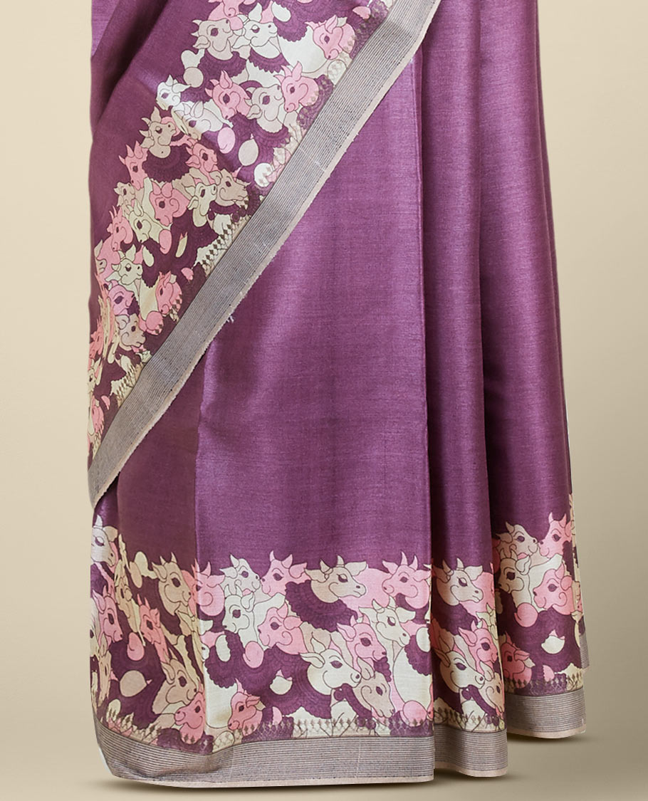 Purple digital printed tusser silk saree steeped with pichwai cow motifs, contrast border