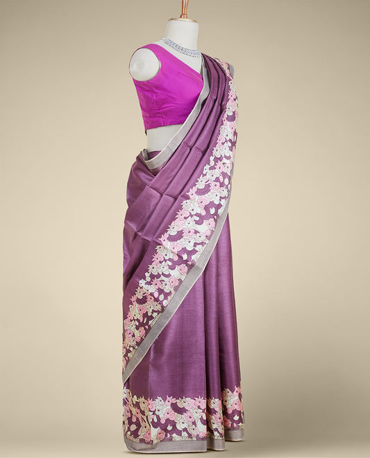 Purple digital printed tusser silk saree steeped with pichwai cow motifs, contrast border