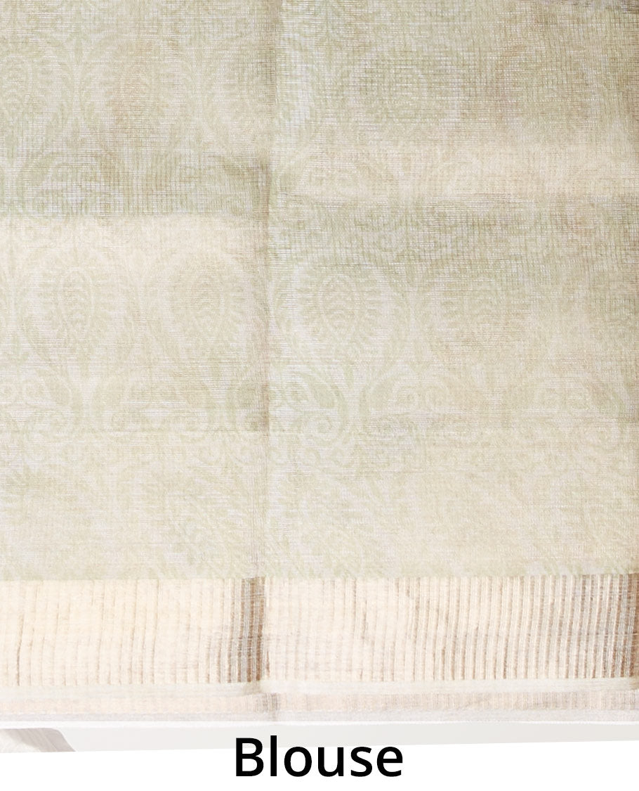 Grey floral vine printed semi-banaras tissue silk saree, zari border