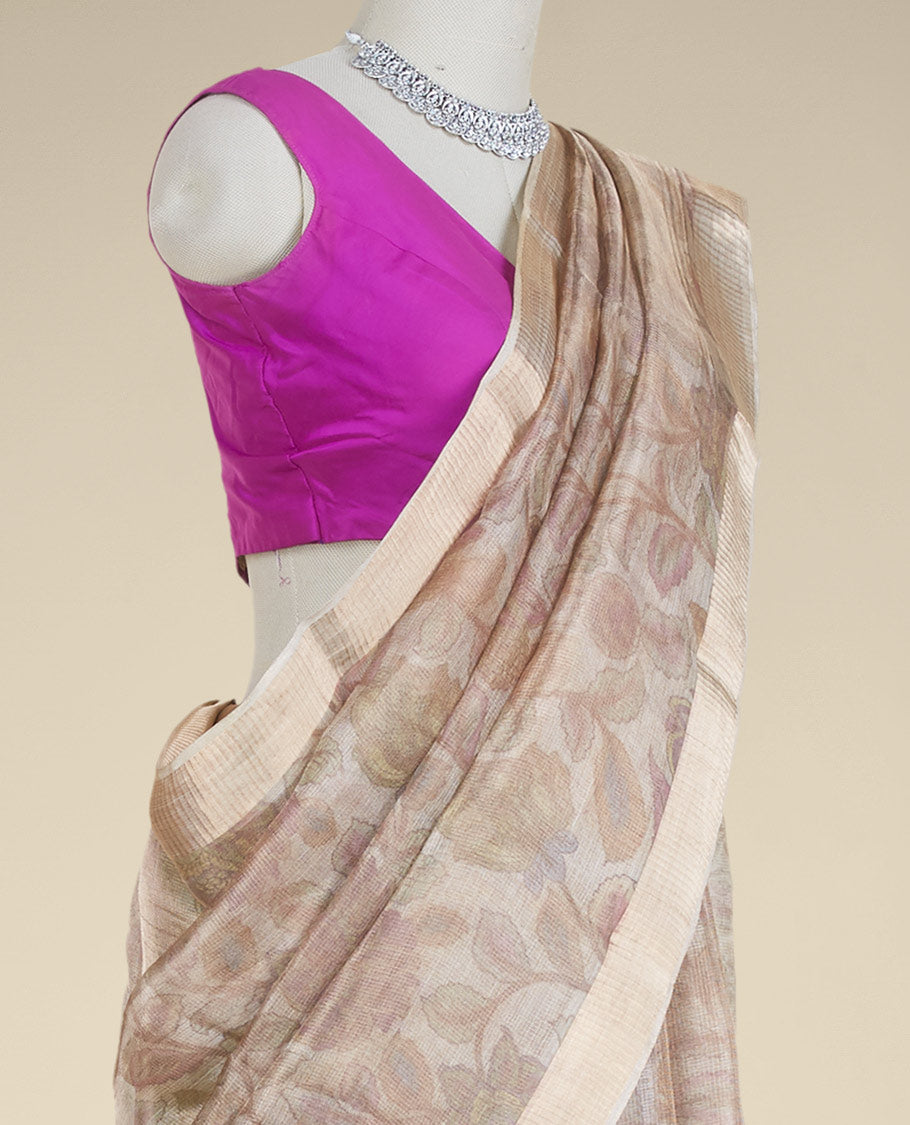 Grey floral vine printed semi-banaras tissue silk saree, zari border