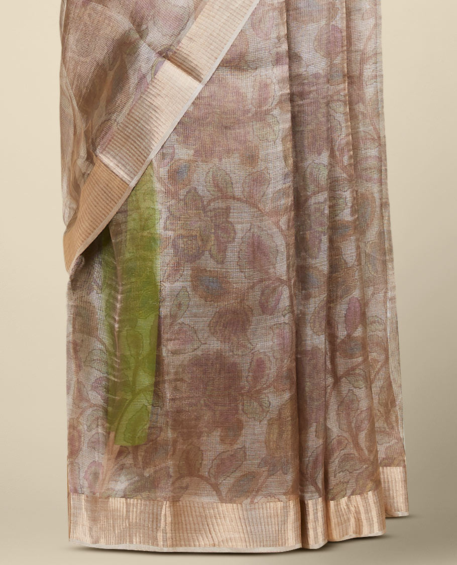 Grey floral vine printed semi-banaras tissue silk saree, zari border